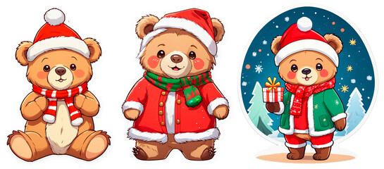 set of 3 bears wearing Christmas clothes stickers on transparent background illustration