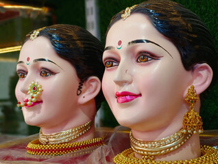 14 September 2023, Pune, Maharashtra, India, Faces of Goddess Gauri mother of ganesha For sale And...