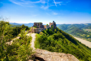 Fototapeta na wymiar The Famous Castle Ruins of Aggstein on a Cliff above the River Danube in Wachau, Austria