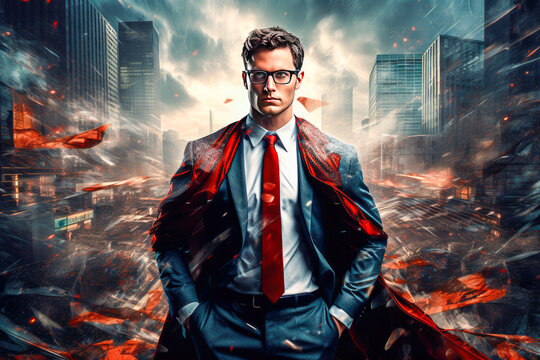 Portrait of a confident businessman in a superhero costume standing on a city background.