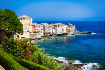 Naklejka na ściany i meble Approaching the Beautiful and Charming Coastal Village of Erbalunga on Corsica, France