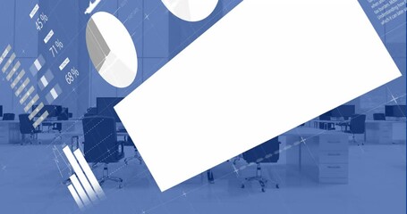 Animation of infographic interface over unoccupied chairs and computer on desks in empty office - Powered by Adobe