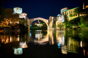 Night Shot of the Famous Old Bridge (Stari Most) Crossing the River Neretva in Mostar, Bosnia and Herzegovina