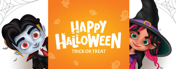 Happy halloween text vector template design. Halloween greeting in yellow space with boy zombie and cute witch girl characters for party celebration invitation card background. Vector illustration 