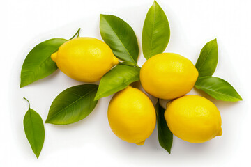 Lemons with green leaves on white background. Top view.
