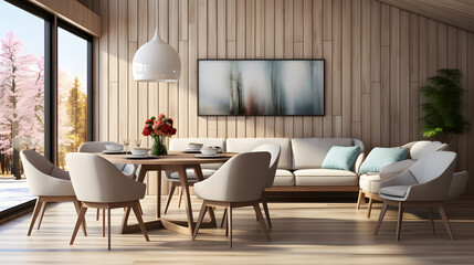  Rustic round table and beige fabric chairs in spacious room with paneling wall. Scandinavian interior design of modern living room