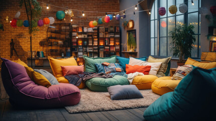 Obraz premium A cozy lounge area offers bean bags and cozy blankets for relaxation
