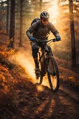 Fotobehang Mountain biker cyclist riding a bicycle downhill on a mountain bike trail. Generative ai. © kapros76