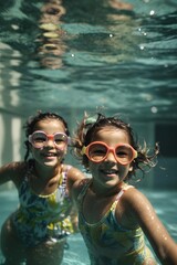Obraz na płótnie Canvas Two young children swimming underwater. Generative ai.