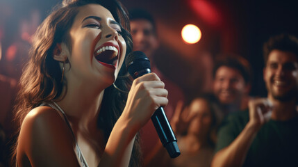 A karaoke showdown features impressive vocal performances from friends - obrazy, fototapety, plakaty