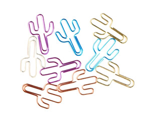 Colorful paper clips in shape of cactus on white background