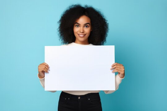Woman Holding Blank Card on Baby Blue Background