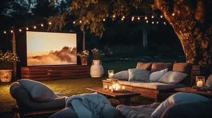 Fotobehang A cozy outdoor movie screening features classic films under the stars © basketman23