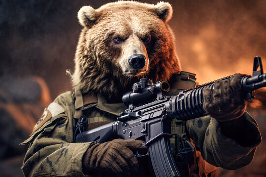 Portrait of a dangerous bear with a machine gun on a dark background