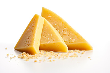 Pieces of cheese and grated cheese on white background, closeup