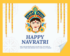 Indian God Durga in Happy Durga Puja Subh Navratri wishes greeting card.