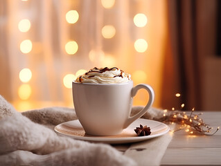 Christmas banner composition, white mug with hot drink and whipped cream on top, blurred lights background