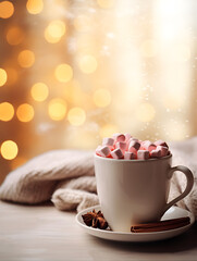 Fototapeta premium Christmas banner composition, white mug with hot drink and little marshmallows on top, blurred lights background