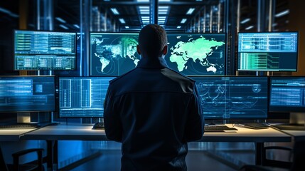 focused cybersecurity expert monitoring network operations center, cyber awareness training