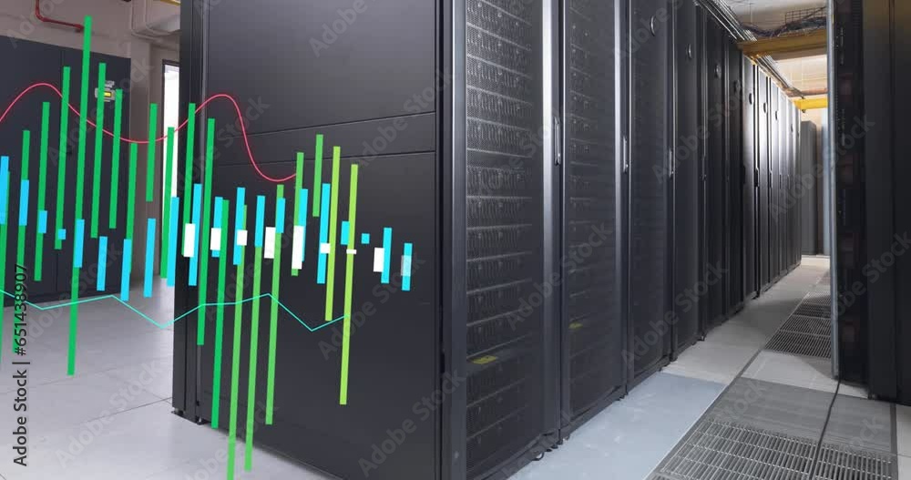 Poster animation of multicolored graphs over data server racks in server room