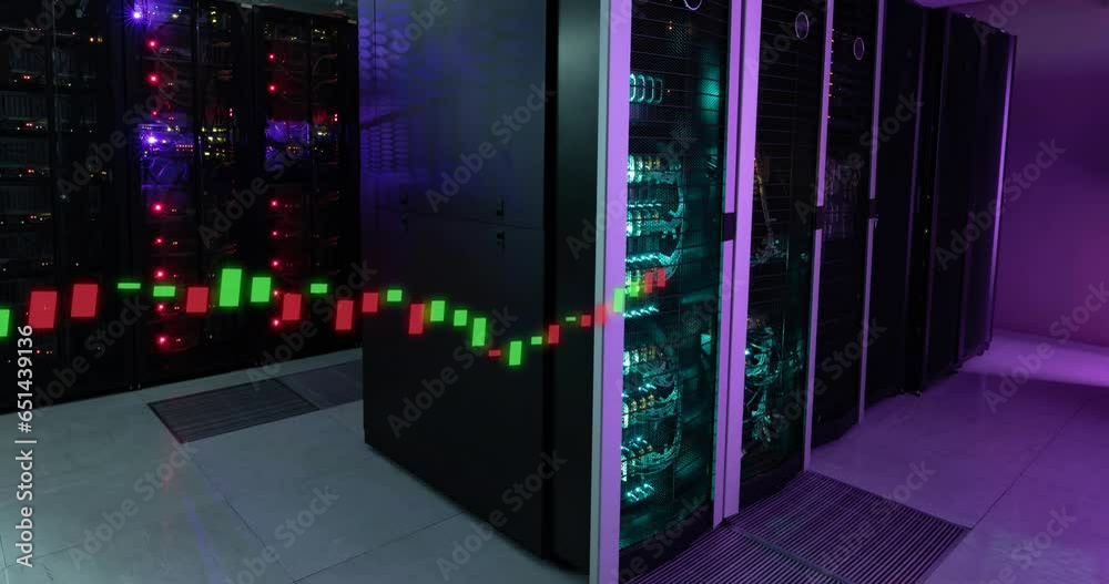 Poster animation of bar graphs over illuminated data server systems in server room