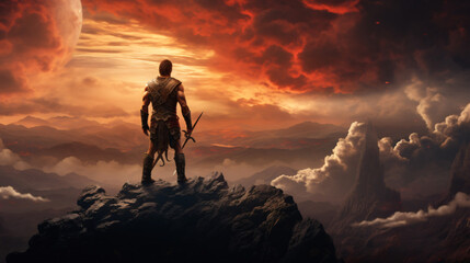 Warrior or man standing on fantasy hill - Powered by Adobe