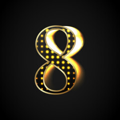 Black number Eight is shiny with a golden frame glowing towards the right. Vector object