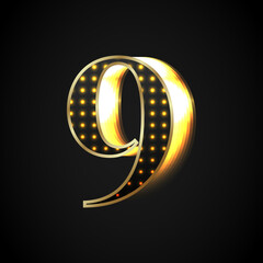 Black number Nine is shiny with a golden frame glowing towards the right. Vector object