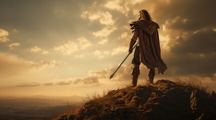 Warrior or man standing on fantasy hill - Powered by Adobe