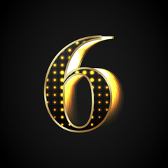 Black number Six is shiny with a golden frame glowing towards the right. Vector object