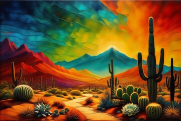 Desert landscape with cactus painting - obrazy, fototapety, plakaty