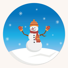 A snowman stands on the snow on a blue background in a circle. Vector illustration.