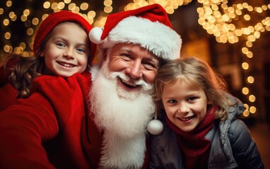 Fototapeta na wymiar Santa claus is taking a selfie with happy children outside the Christmas tree. Generative AI