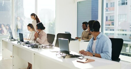 Coworking, telemarketing and call center staff with wave goodbye for end of day in a office. Crm, consulting and customer service with conversation and web support with business people and online job