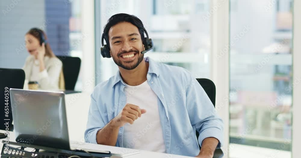 Poster business man, portrait and call center, communication or happy consultant on laptop for customer ser