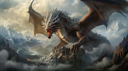 Majestic Dragon Soaring Over Stormy Mountains