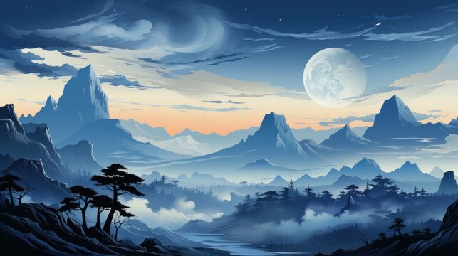 hand drawn blue mountain range and moon with cloudy sky wallpaper
