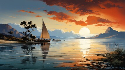 drawing of a boat sailing along its journey against a vivid colorful sunset with birds