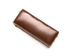 Tasty chocolate covered coconut candy on white background