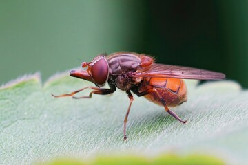 Closeup on a red Common Snout-hoverfly, Rhingia campestris cleaning it's legs