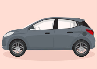 Vector illustration of side view of grey color hatchback mini car on light pink background.
