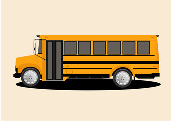 Vector illustration of side view of yellow color school bus on light pink background.
