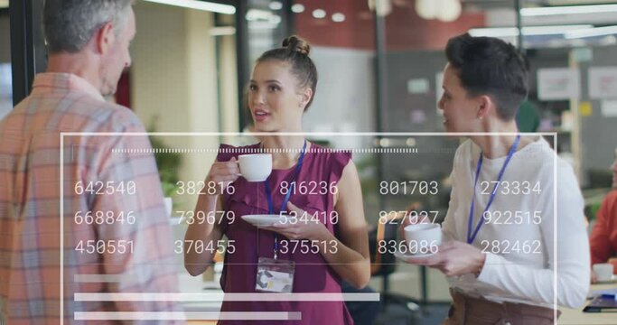 Animation of graph, loading bar, changing numbers, diverse coworkers discussing during tea break