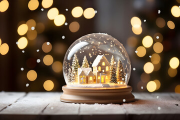 Snow globe with house and christmas tree on bokeh background 