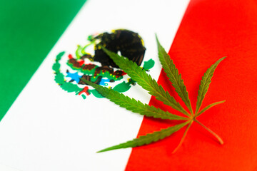 hemp leaf on background of the mexican flag. Concept of legalization and changes in legislation regarding cultivation and use of marijuana in the country mexico