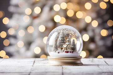 Fototapeta na wymiar Snow globe with house and christmas tree on bokeh background 