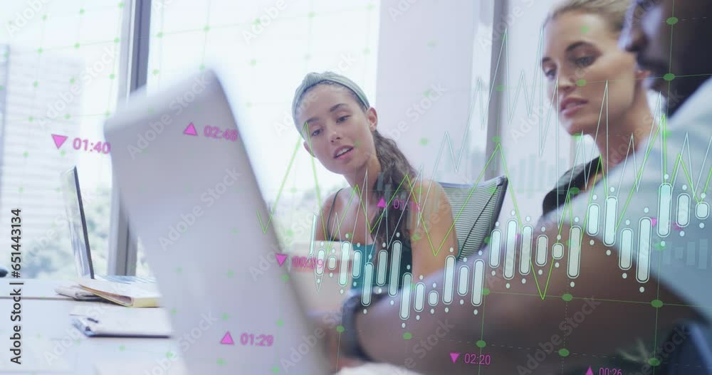 Poster animation of multiple graphs with changing numbers over diverse coworkers discussing reports