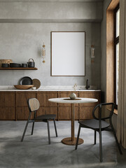 Kitchen room interior with concrete wall, wooden furniture, picture frame and decor. 3d render illustration mockup.