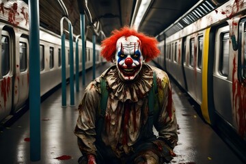 A scary Halloween Zombie clown riding a dirty New York city subway. - obrazy, fototapety, plakaty