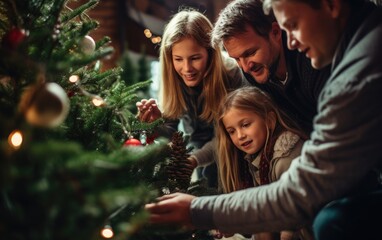 Family is decorating a Christmas tree. Generative AI - obrazy, fototapety, plakaty